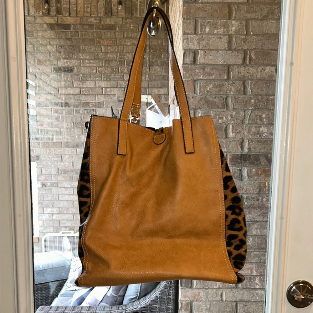 Boutique Tan and Leopard Print faux leather Tote with velvet lined interior